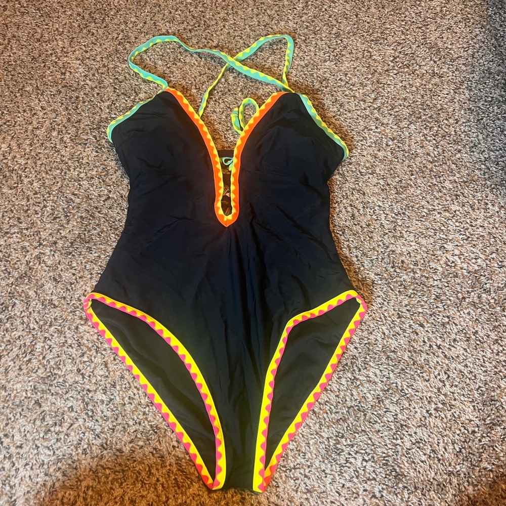 Live Poppytown Beach Black One Piece Swimsuit Criss Cross Halter Neck Women's